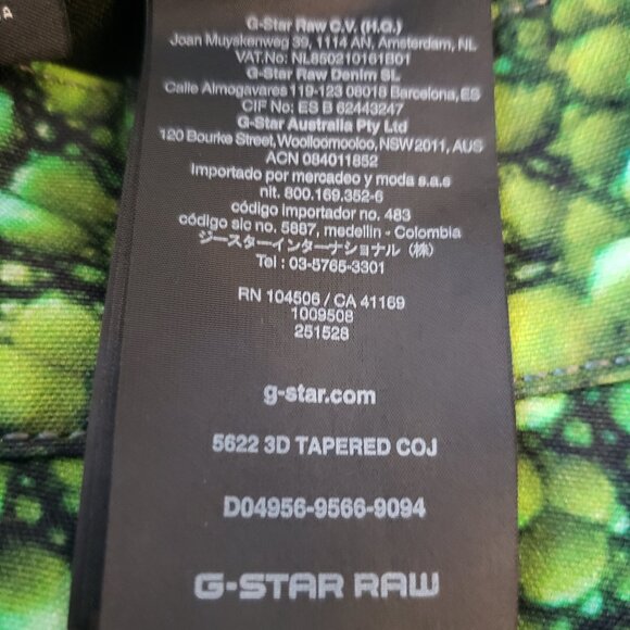 GStar RAW Green Elwood Pharrell 5622 Green Iguana Tape print 3D Tapered Jeans - Picture 12 of 12